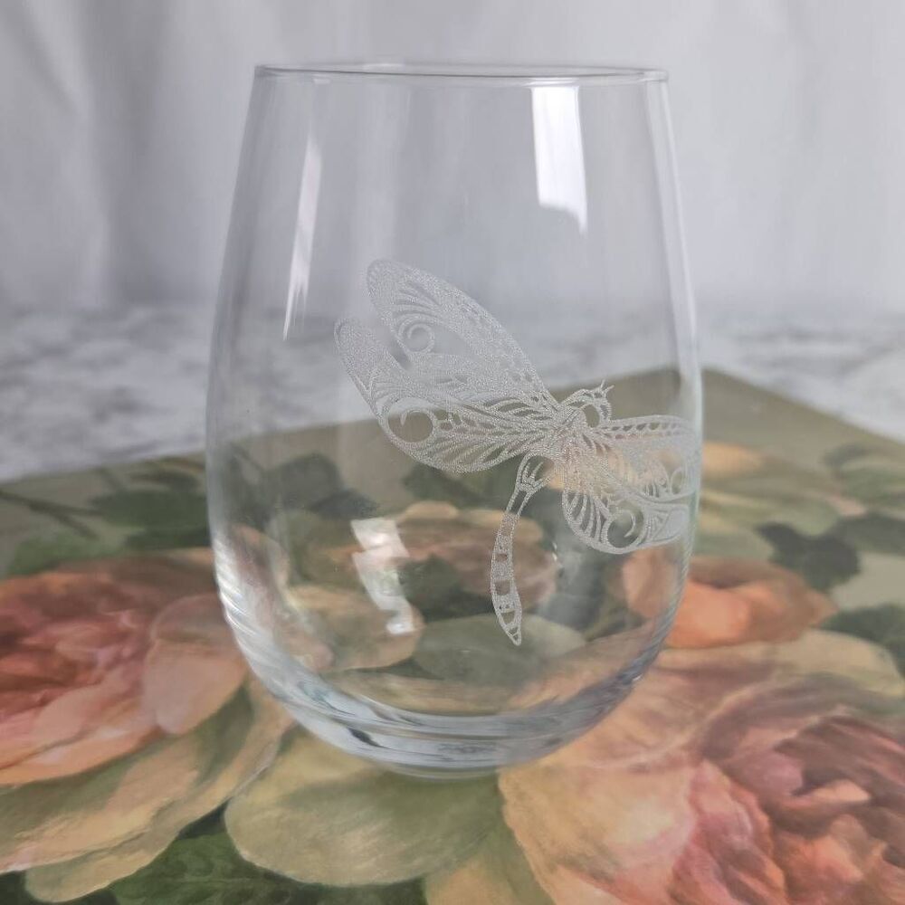 Ravenscroft Crystal Stemless Wine Glass with Etched Dragonfly